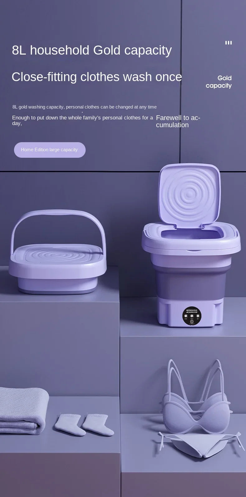 8L Small Folding Washing Machine Portable Washing Machine Automatic Modes Laundry Clothes Laundry Bucket Washing Machine